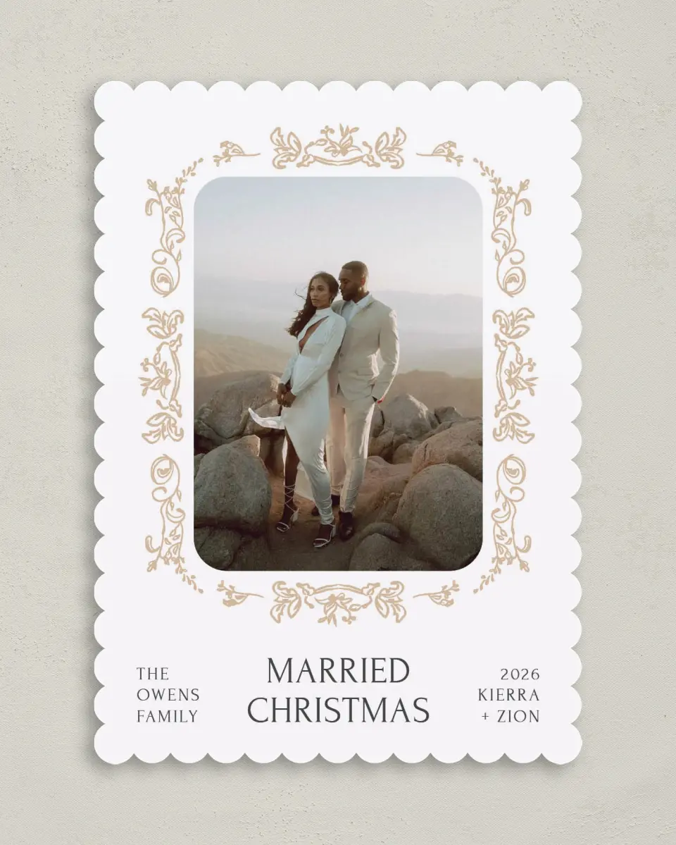 This is a 5" x 7" Christmas Card called Festive Filigree printed in full color on Premium Smooth paper on Premium Smooth paper on Premium Smooth paper