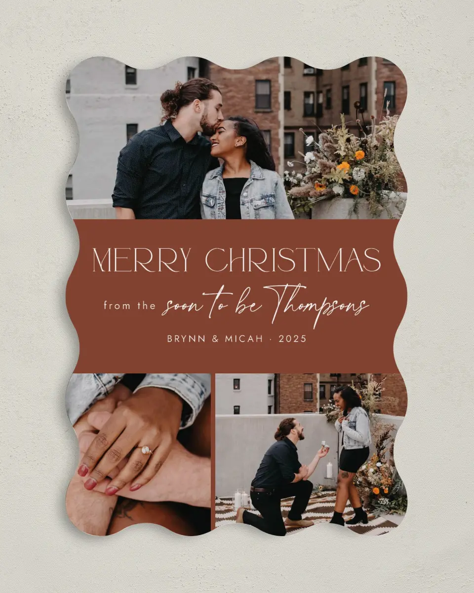 This is a 5" x 7" Christmas Card called Soon to Be printed in full color with Rose Gold foil on Soft Suede (coated) paper
