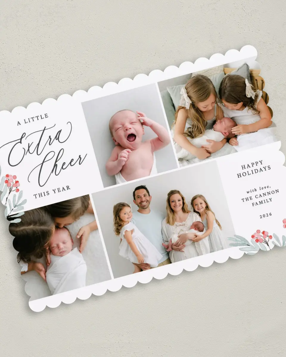 This is a 5" x 7" Christmas Card called Extra Cheer printed in full color on Premium Smooth paper on Premium Smooth paper on Premium Smooth paper