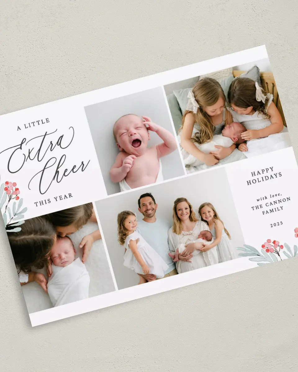 This is a 5" x 7" Christmas Card called Extra Cheer printed in full color on Premium Smooth paper