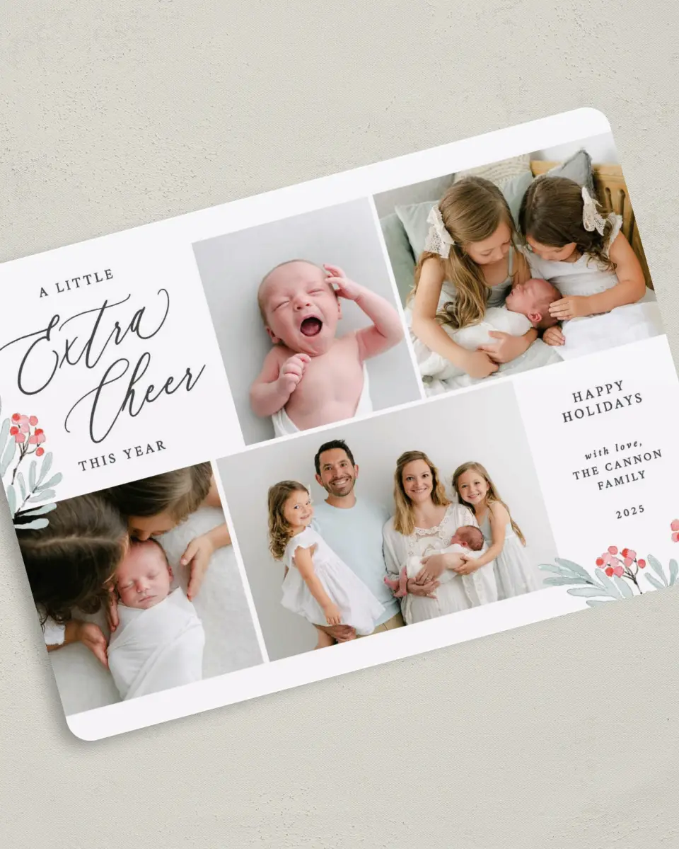 This is a 5" x 7" Christmas Card called Extra Cheer printed in full color on Premium Smooth paper