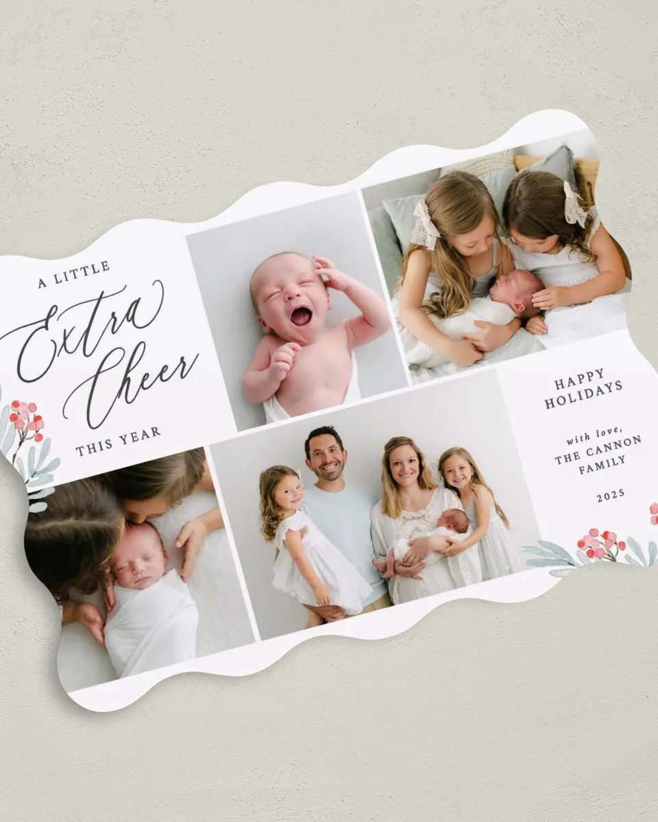 This is a 5" x 7" Christmas Card called Extra Cheer printed in full color on Premium Smooth paper
