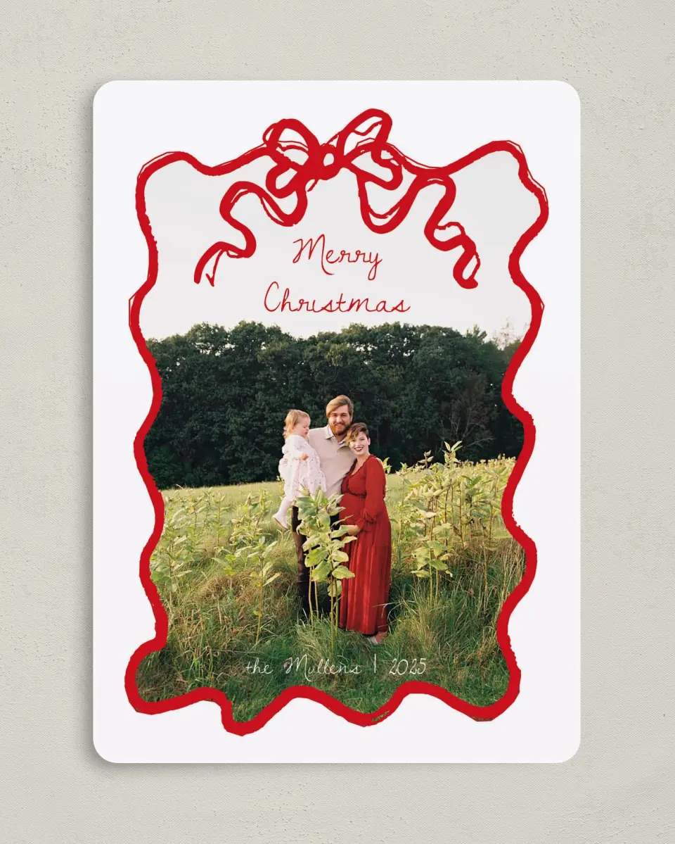 This is a 5" x 7" Christmas Card called Tied Together printed in full color on Premium Smooth paper