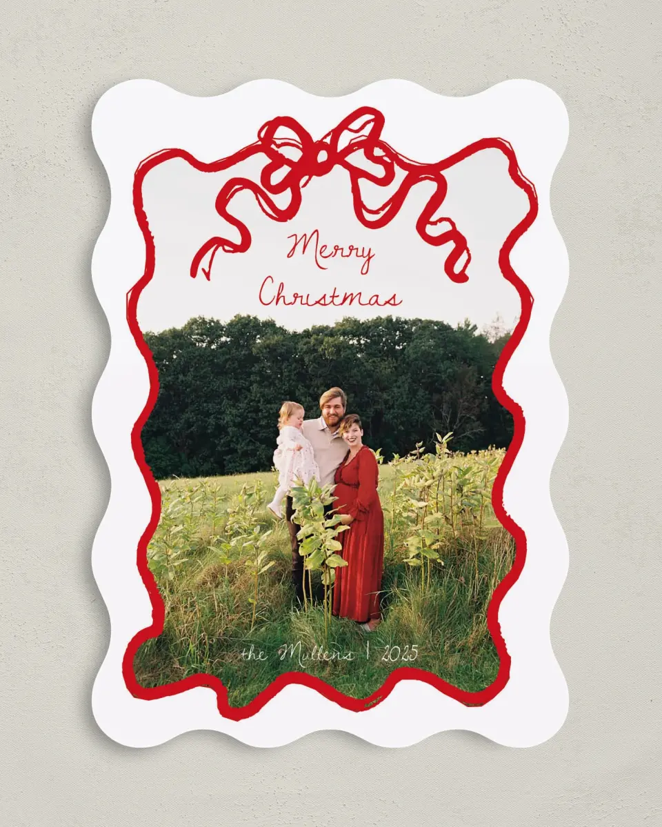 This is a 5" x 7" Christmas Card called Tied Together printed in full color on Premium Smooth paper