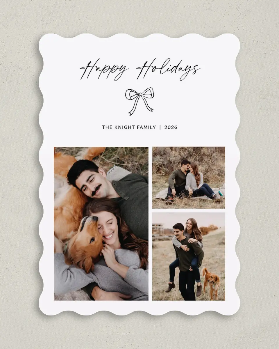 This is a 5" x 7" Christmas Card called Charming Bow printed in full color on Premium Smooth paper
