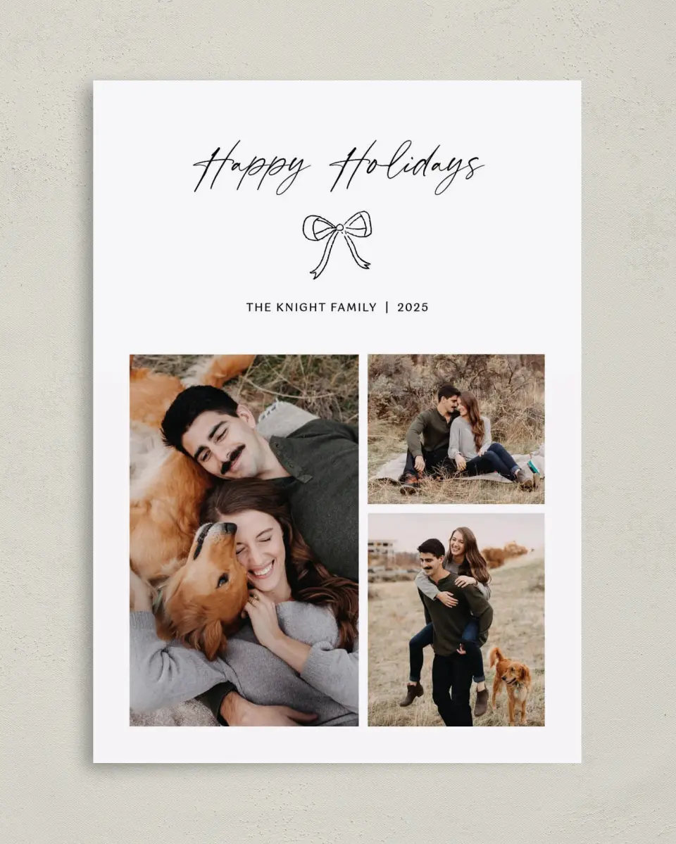 This is a 5" x 7" Christmas Card called Charming Bow printed in full color on Premium Smooth paper