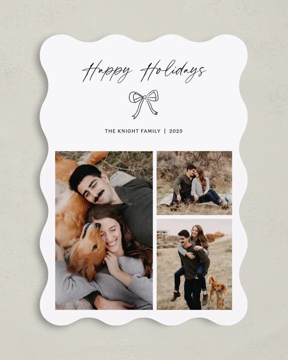 This is a 5" x 7" Christmas Card called Charming Bow printed in full color on Premium Smooth paper