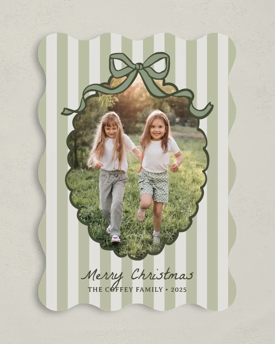 This is a 5" x 7" Christmas Card called Coquette Christmas printed in full color with Rose Gold foil on Soft Suede (coated) paper