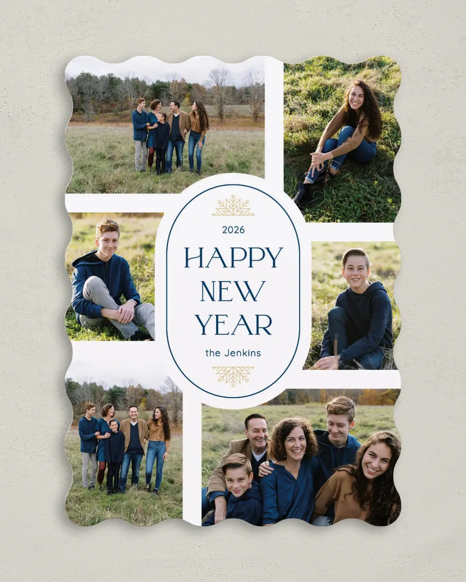 This is a 5" x 7" Christmas Card called Radiant Moments printed in full color with Rose Gold foil on Soft Suede (coated) paper