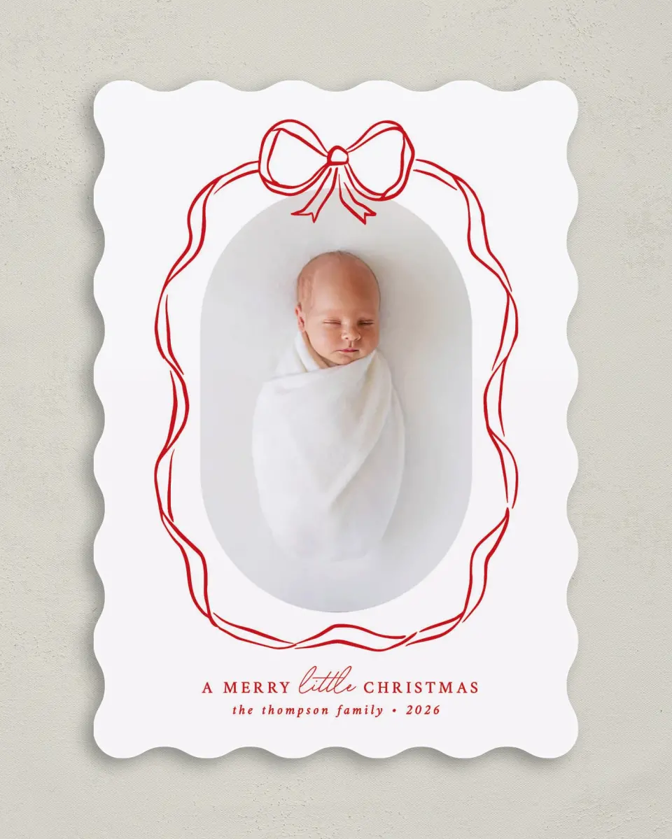 This is a 5" x 7" Christmas Card called Little Christmas printed in full color with Rose Gold foil on Soft Suede (coated) paper