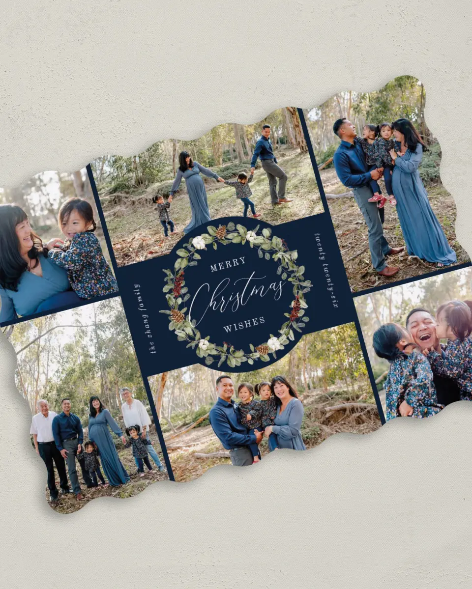 This is a 5" x 7" Christmas Card called Wreathed Wishes printed in full color on Premium Smooth paper