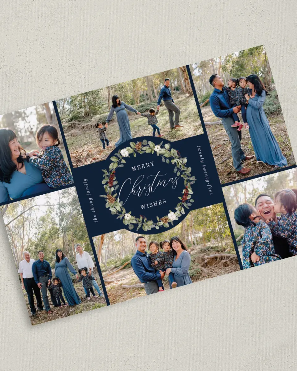 This is a 5" x 7" Christmas Card called Wreathed Wishes printed in full color on Premium Smooth paper