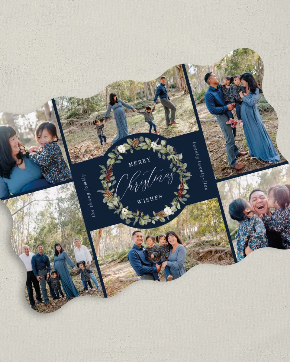 This is a 5" x 7" Christmas Card called Wreathed Wishes printed in full color on Premium Smooth paper