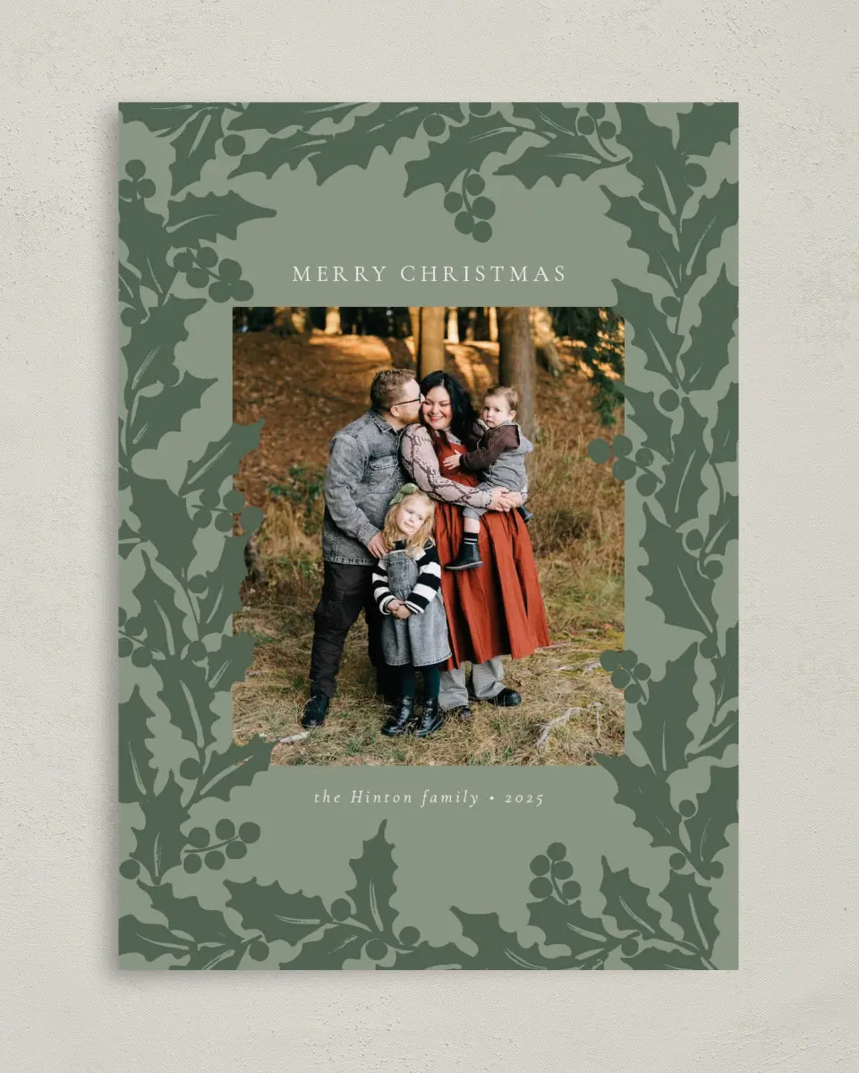 This is a 5" x 7" Christmas Card called Holly Harmony printed in full color on Premium Smooth paper