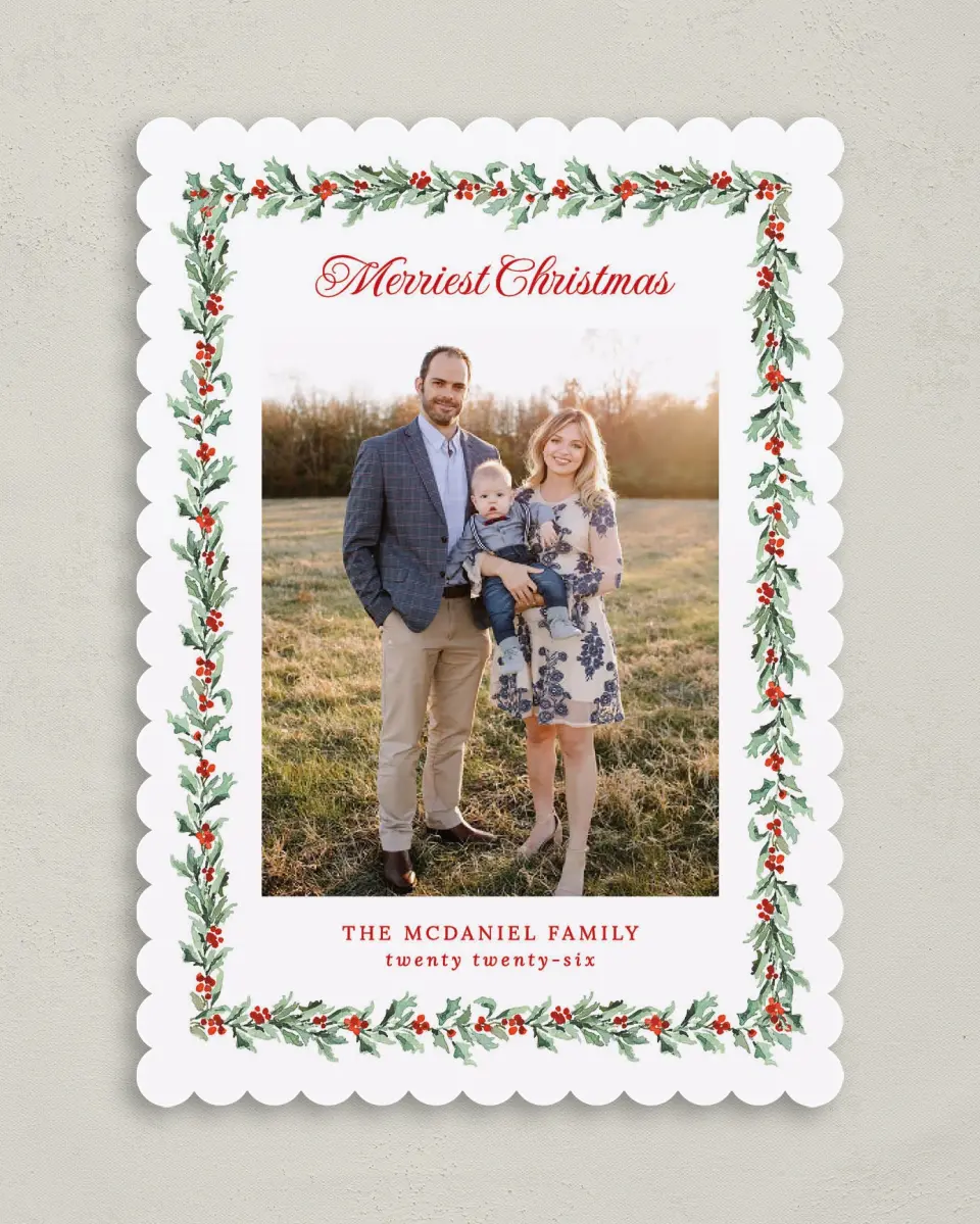 This is a 5" x 7" Christmas Card called Holly Delight printed in full color on Premium Smooth paper on Premium Smooth paper on Premium Smooth paper