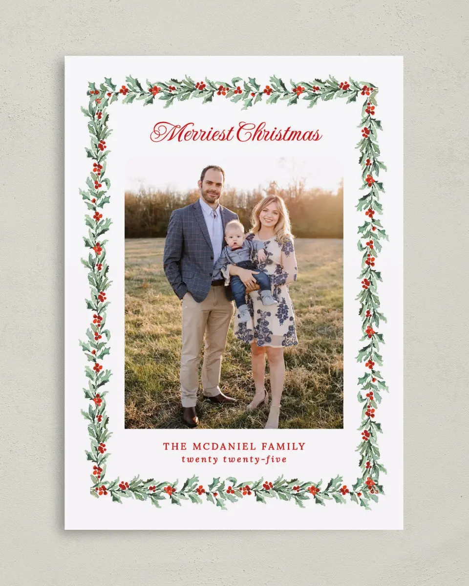 This is a 5" x 7" Christmas Card called Holly Delight printed in full color on Premium Smooth paper
