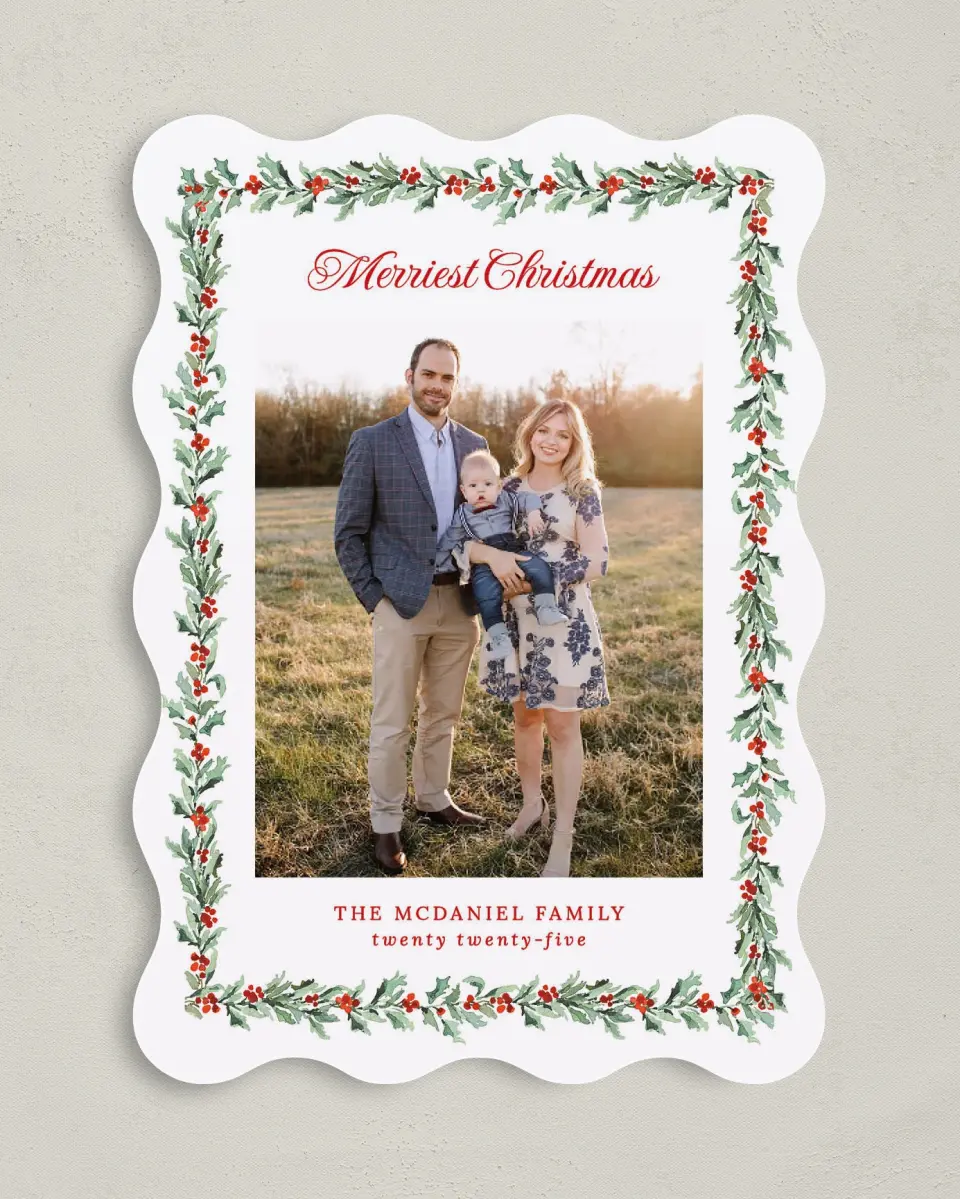 This is a 5" x 7" Christmas Card called Holly Delight printed in full color on Premium Smooth paper