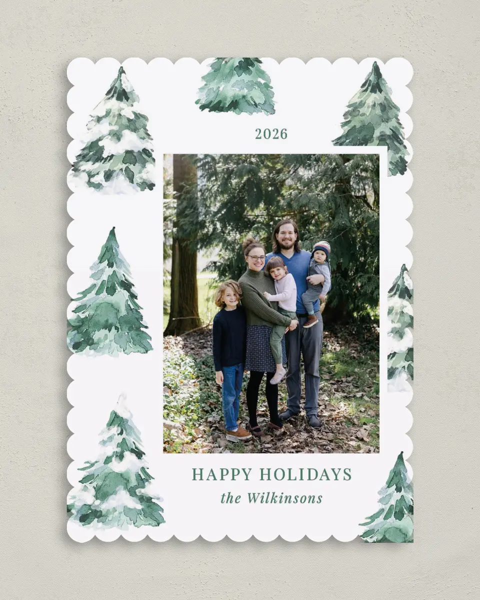 This is a 5" x 7" Christmas Card called Frosted Forest printed in full color on Premium Smooth paper on Premium Smooth paper on Premium Smooth paper