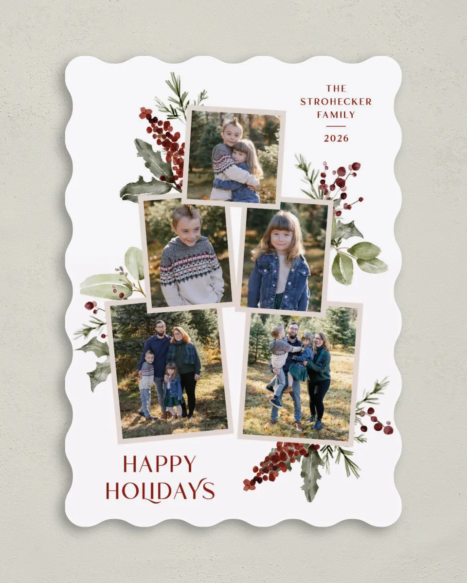 This is a 5" x 7" Christmas Card called Merriest Berries printed in full color with Rose Gold foil on Soft Suede (coated) paper