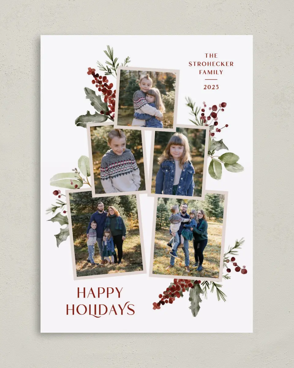 This is a 5" x 7" Christmas Card called Merriest Berries printed in full color on Premium Smooth paper