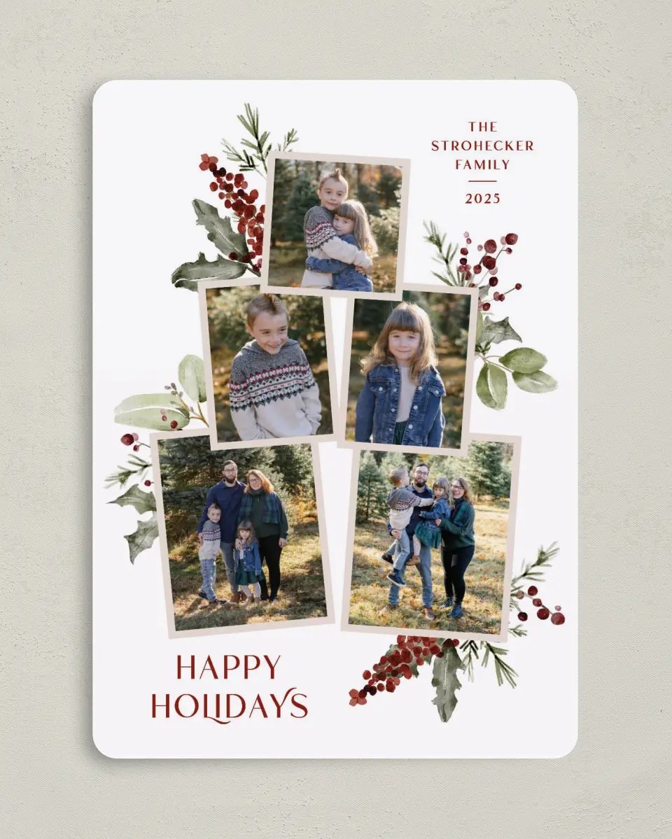 This is a 5" x 7" Christmas Card called Merriest Berries printed in full color on Premium Smooth paper