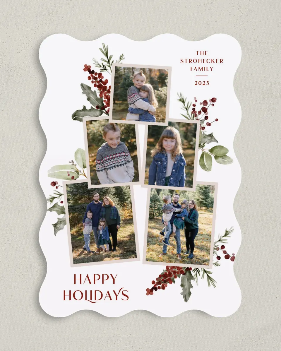This is a 5" x 7" Christmas Card called Merriest Berries printed in full color on Premium Smooth paper