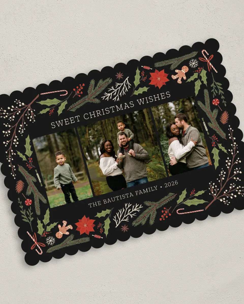 This is a 5" x 7" Christmas Card called Sweet Wishes printed in full color on Premium Smooth paper on Premium Smooth paper on Premium Smooth paper
