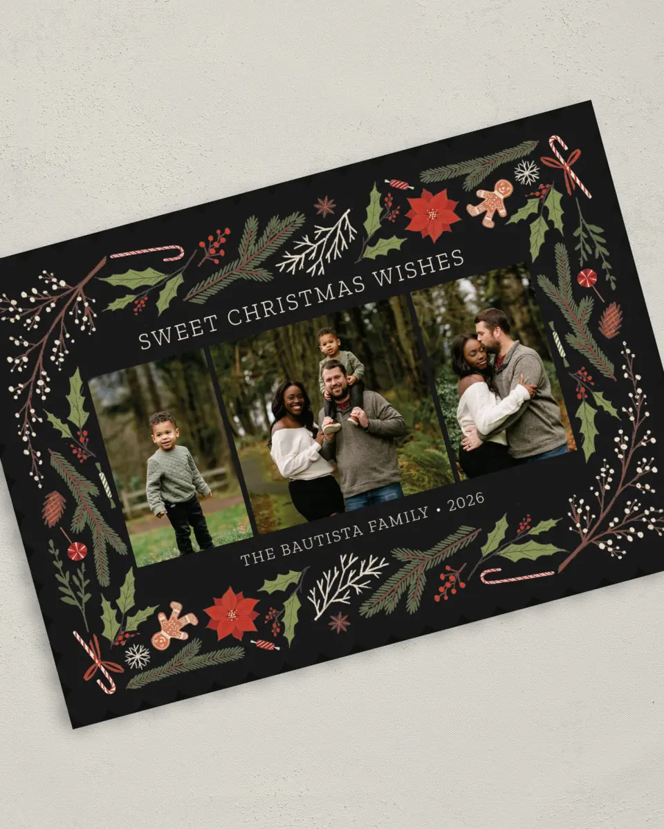 This is a 5" x 7" Christmas Card called Sweet Wishes printed in full color on Premium Smooth paper on Premium Smooth paper on Premium Smooth paper
