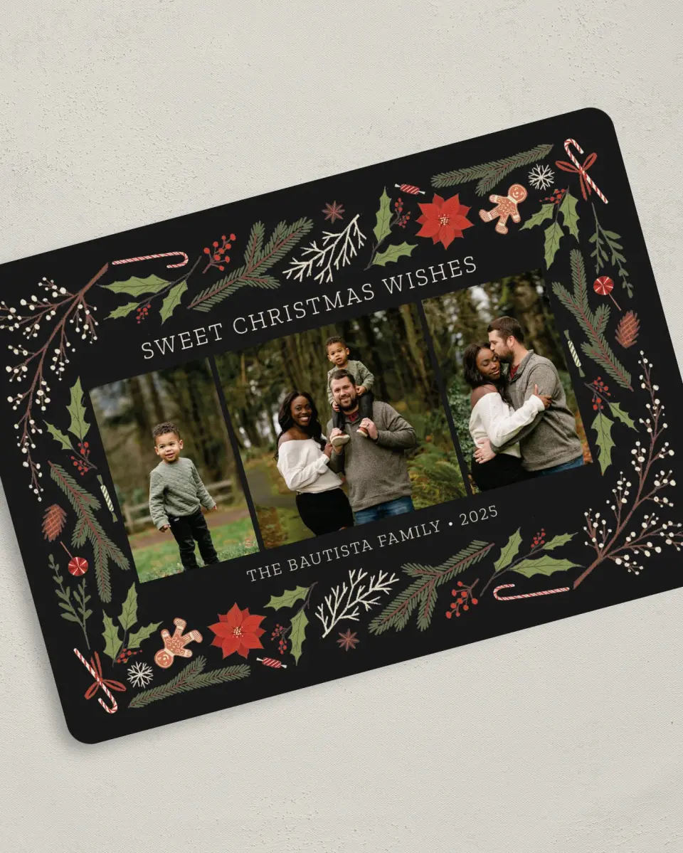 This is a 5" x 7" Christmas Card called Sweet Wishes printed in full color on Premium Smooth paper