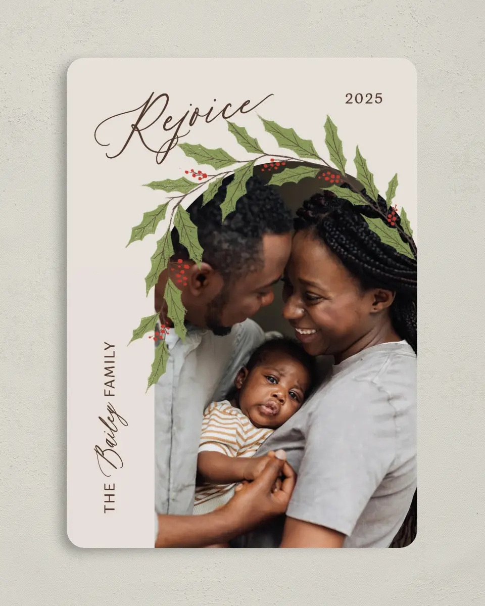 This is a 5" x 7" Christmas Card called Joyful Vine printed in full color on Premium Smooth paper