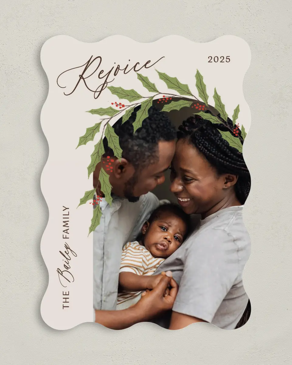 This is a 5" x 7" Christmas Card called Joyful Vine printed in full color on Premium Smooth paper