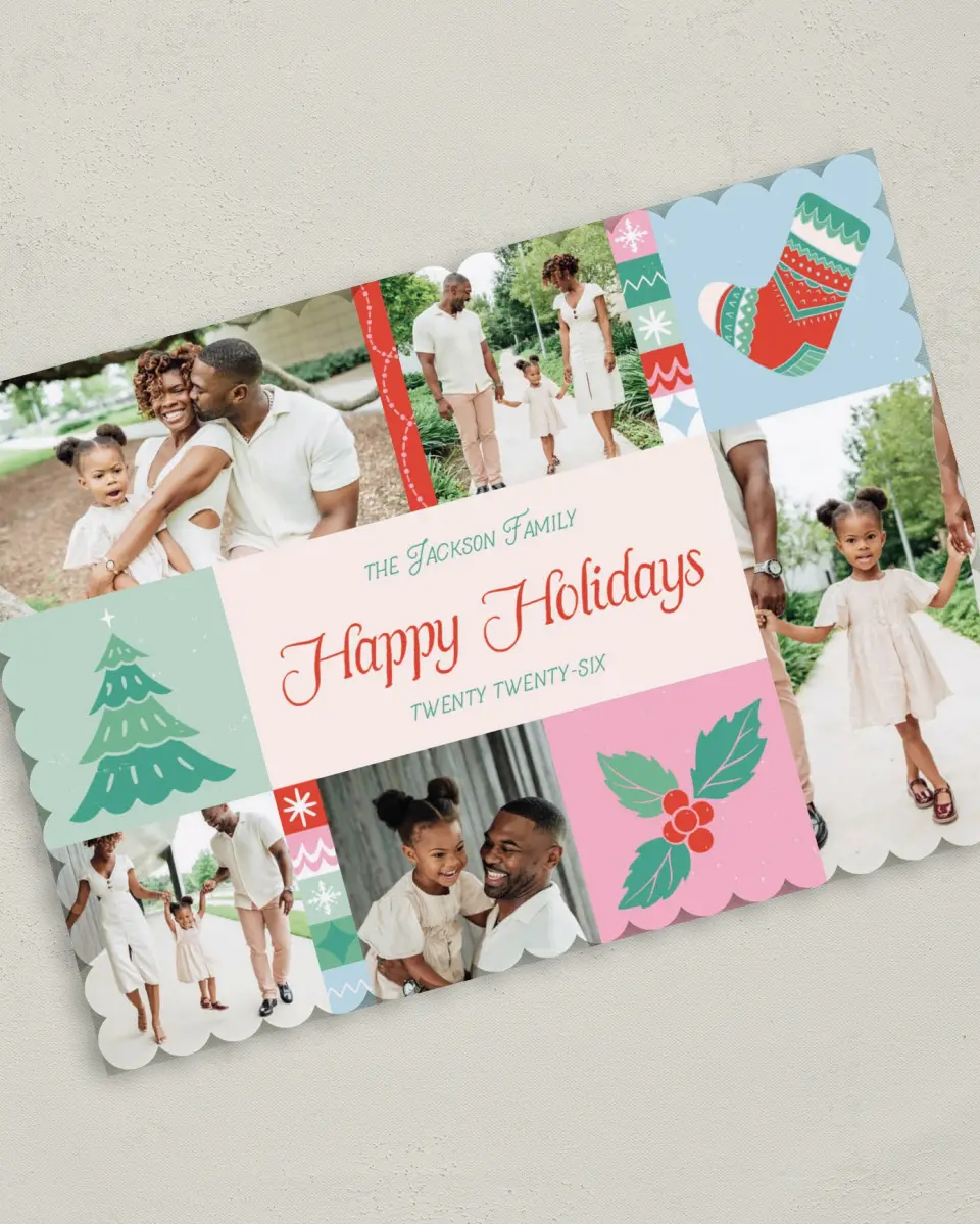 This is a 5" x 7" Christmas Card called Jolly Blocks printed in full color on Premium Smooth paper on Premium Smooth paper on Premium Smooth paper