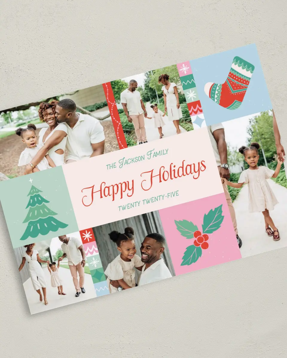 This is a 5" x 7" Christmas Card called Jolly Blocks printed in full color on Premium Smooth paper