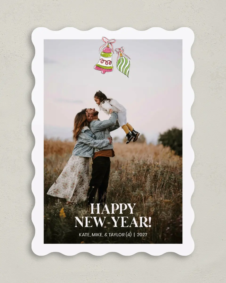 This is a 5" x 7" Christmas Card called Ornamented Joy printed in full color with Rose Gold foil on Soft Suede (coated) paper