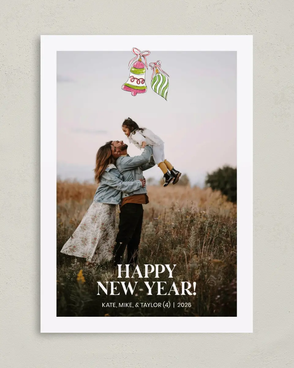 This is a 5" x 7" Christmas Card called Ornamented Joy printed in full color on Premium Smooth paper