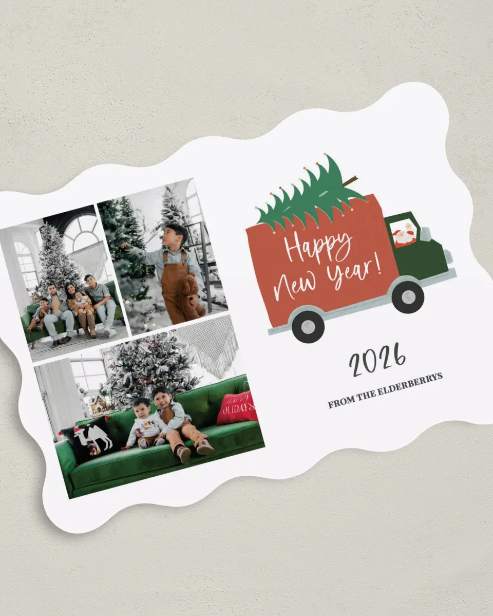 This is a 5" x 7" Christmas Card called Holiday Haul printed in full color on Premium Smooth paper
