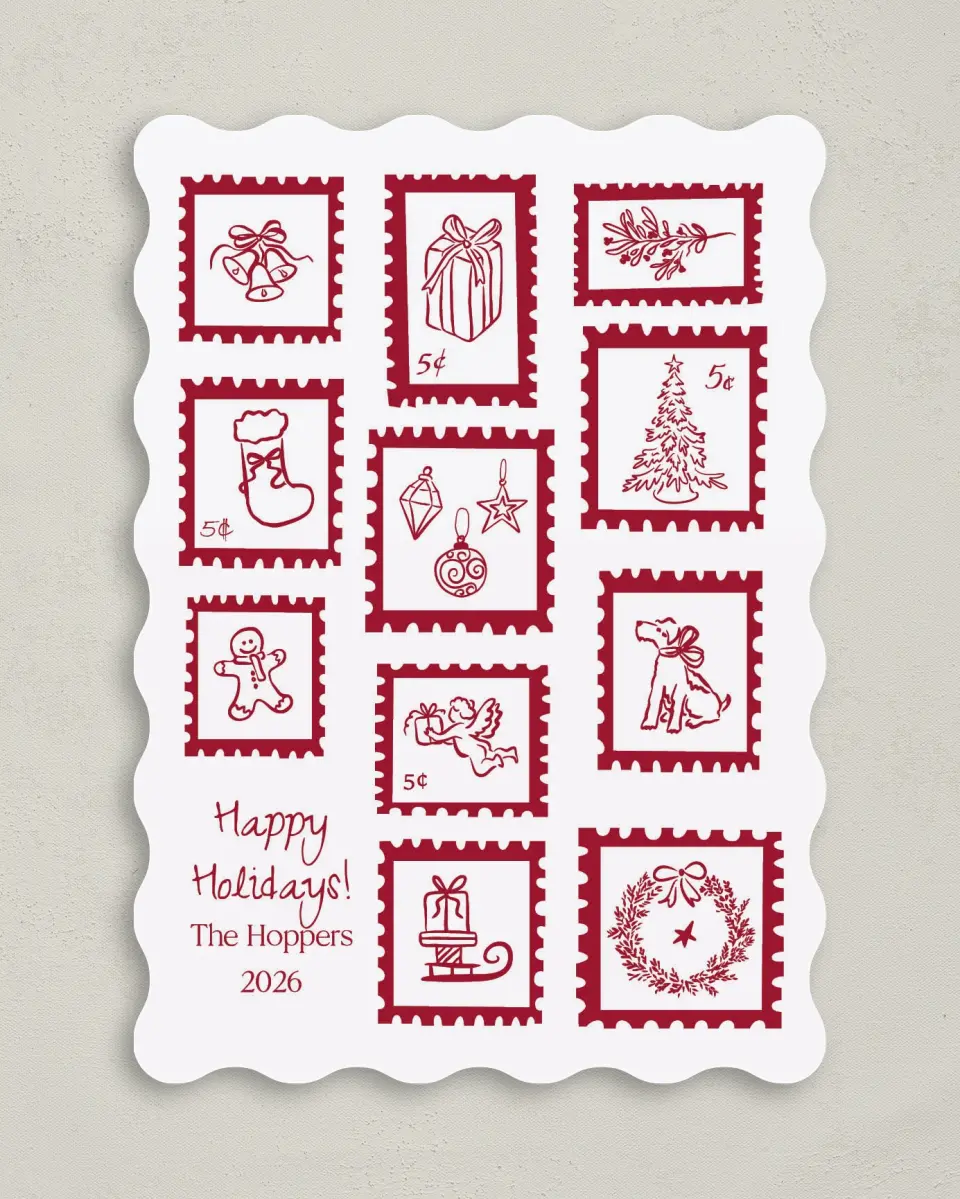This is a 5" x 7" Christmas Card called Merry Mail printed in full color with Rose Gold foil on Soft Suede (coated) paper