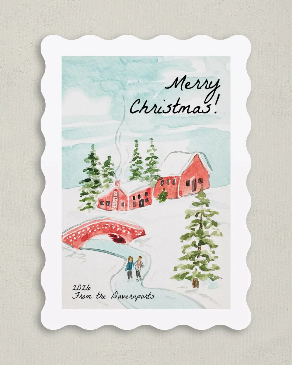 This is a 5" x 7" Christmas Card called Icey Streams printed in full color with Rose Gold foil on Soft Suede (coated) paper