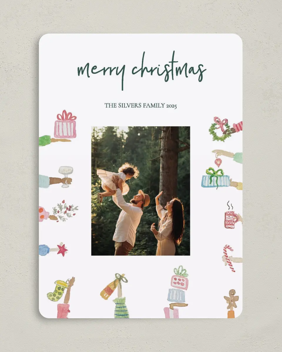 This is a 5" x 7" Christmas Card called Wrapped Wishes printed in full color on Premium Smooth paper