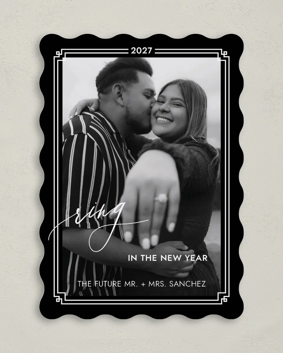 This is a 5" x 7" Christmas Card called Newly Engaged printed in full color with Rose Gold foil on Soft Suede (coated) paper