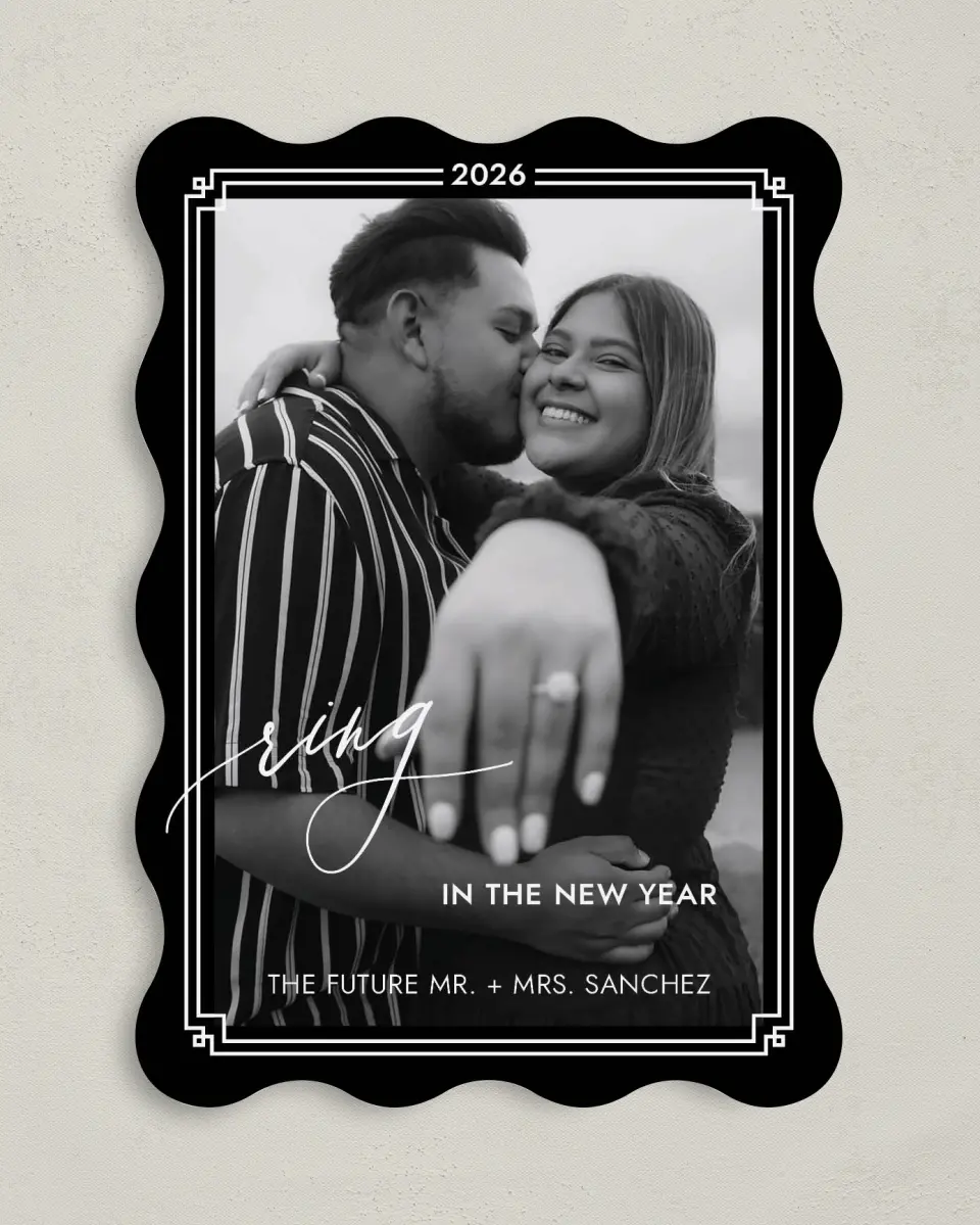 This is a 5" x 7" Christmas Card called Newly Engaged printed in full color with Rose Gold foil on Soft Suede (coated) paper