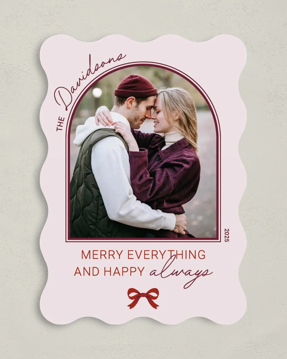 This is a 5" x 7" Christmas Card called Happy Always printed in full color with Rose Gold foil on Soft Suede (coated) paper