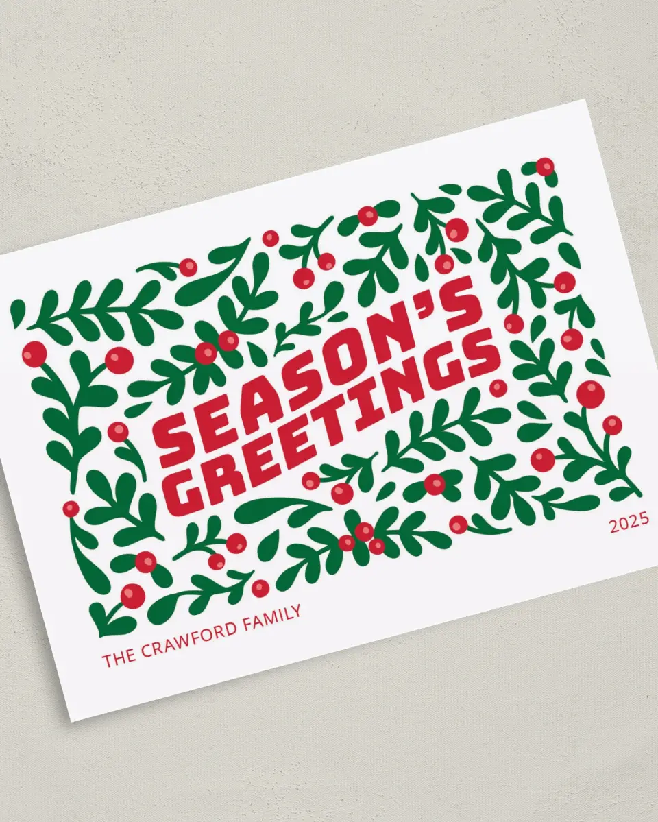 This is a 5" x 7" Christmas Card called 'Tis the Season printed in full color on Premium Smooth paper