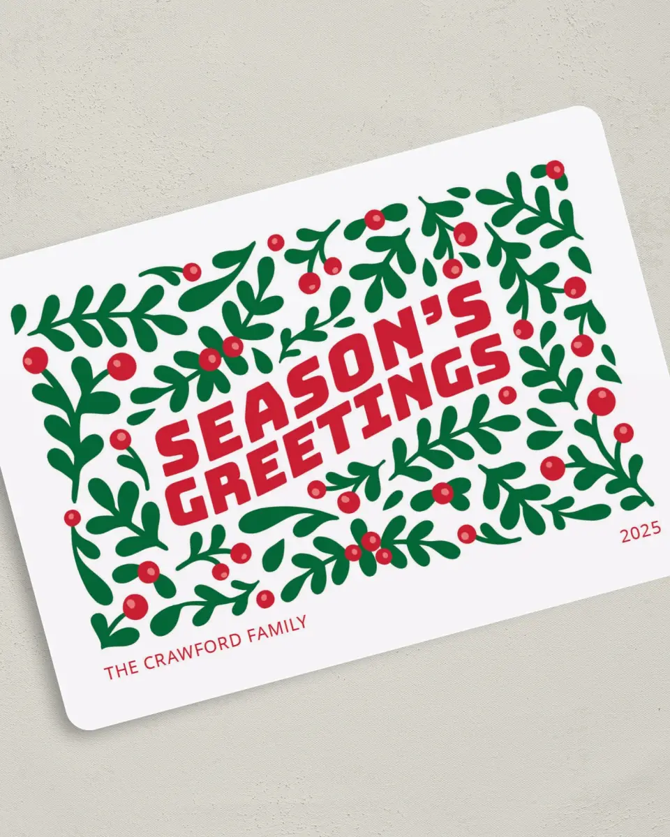 This is a 5" x 7" Christmas Card called 'Tis the Season printed in full color on Premium Smooth paper