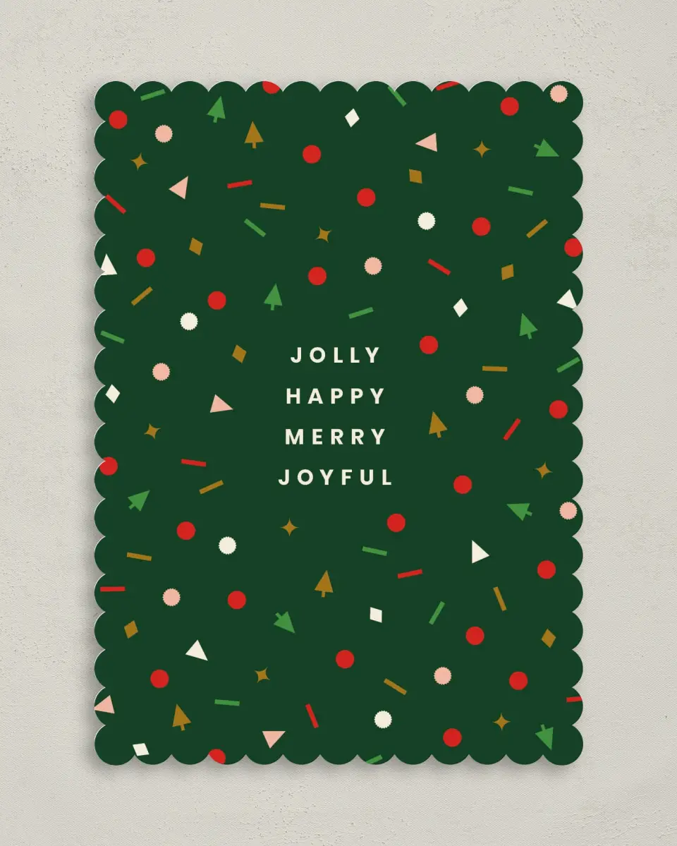 This is a 5" x 7" Christmas Card called Jolly & Joyful Confetti printed in full color on Premium Smooth paper on Premium Smooth paper on Premium Smooth paper