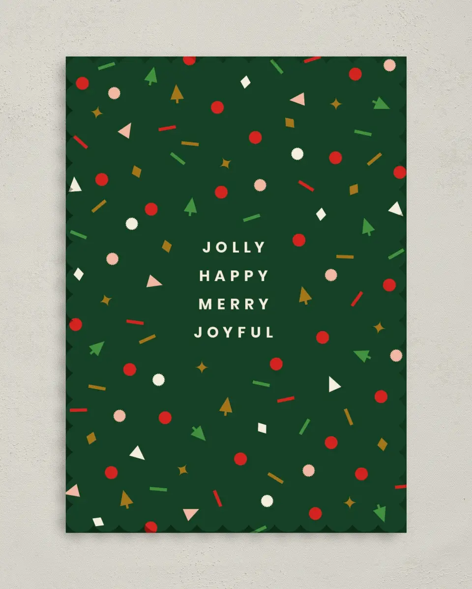 This is a 5" x 7" Christmas Card called Jolly & Joyful Confetti printed in full color on Premium Smooth paper on Premium Smooth paper on Premium Smooth paper