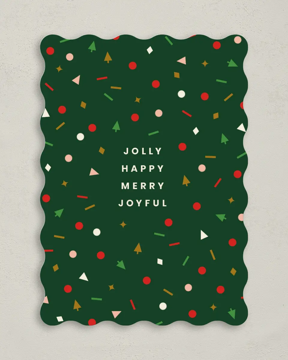 This is a 5" x 7" Christmas Card called Jolly & Joyful Confetti printed in full color with Rose Gold foil on Soft Suede (coated) paper