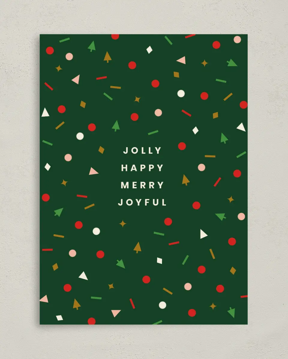 This is a 5" x 7" Christmas Card called Jolly & Joyful Confetti printed in full color on Premium Smooth paper