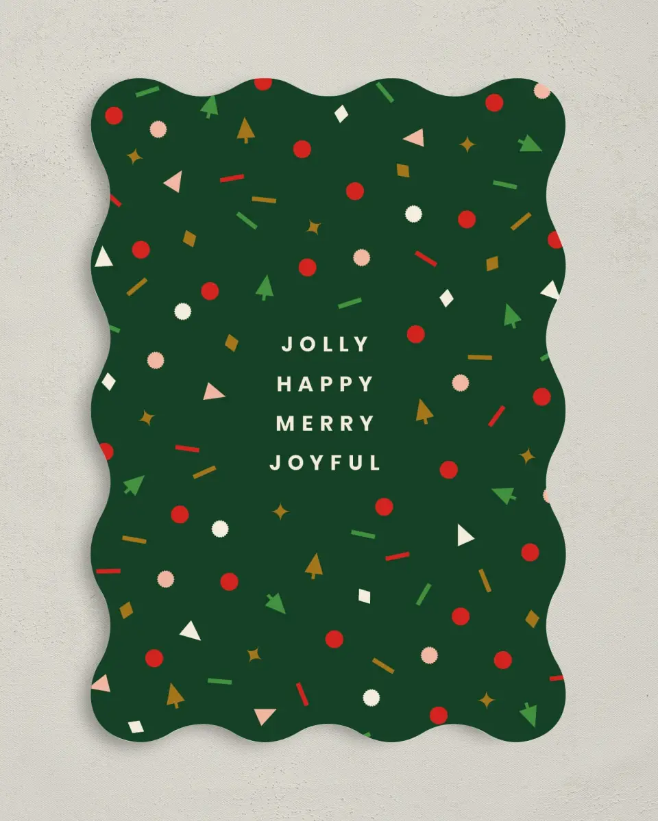 This is a 5" x 7" Christmas Card called Jolly & Joyful Confetti printed in full color on Premium Smooth paper