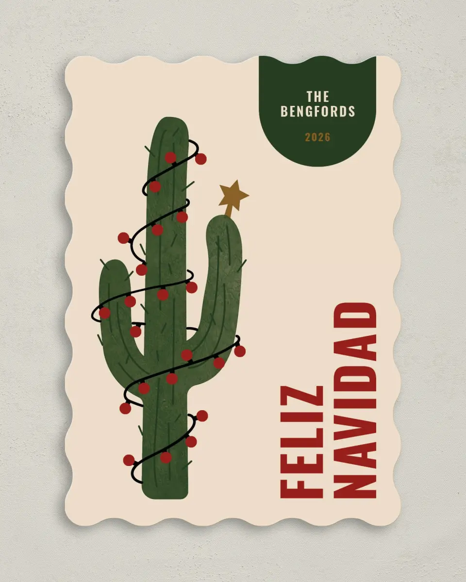 This is a 5" x 7" Christmas Card called Feliz Cactus printed in full color with Rose Gold foil on Soft Suede (coated) paper